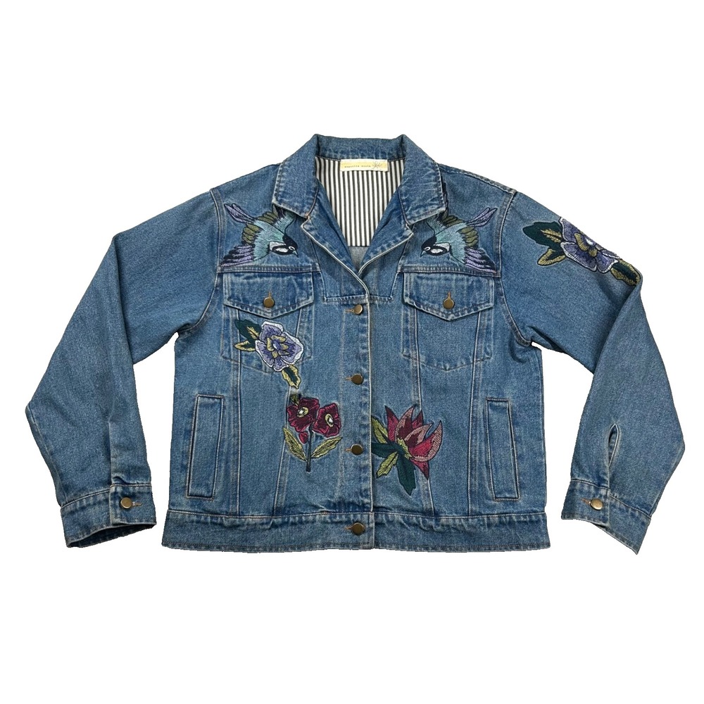 Magnolia South Denim Jacket Womens M Embroidered Bird Flowers Trucker‎ Blue Jean